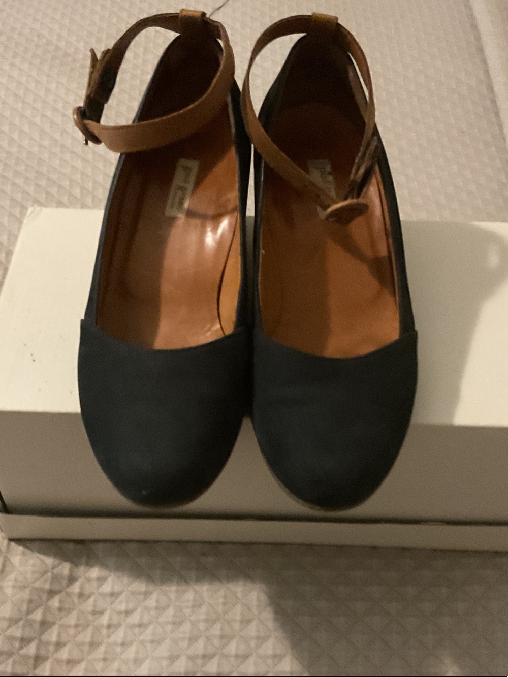 Paul Green Navy Suede Wedge Pumps with Tan Ankle Straps